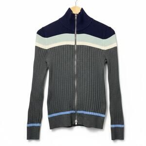 Y2K Eddie Bauer Blue Colorblock Ribbed Knit Cotton Full Zip Sweater Cardigan Med